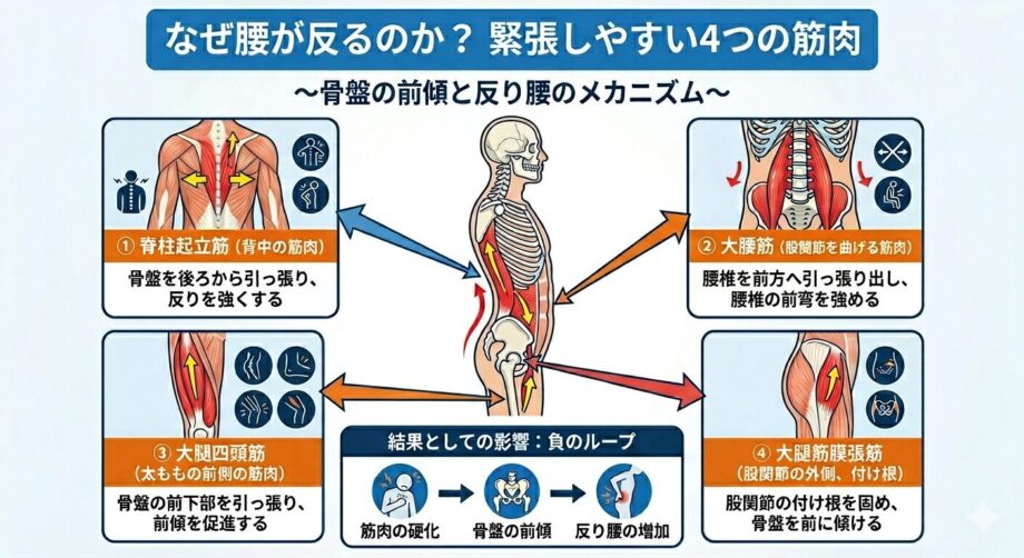 反り腰の際に硬くなりやすい筋肉をまとめたインフォグラフィック。
