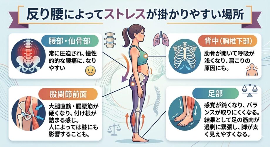 反り腰によってストレスが掛かりやすい場所をまとめたインフォグラフィック。