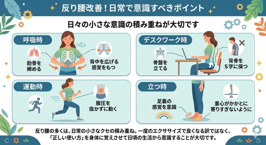 反り腰の人が、日常で意識すべきポイントをまとめたインフォグラフィック。