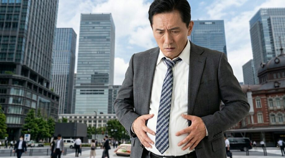 体重増加を気にする男性。皮下組織の滑走障害。