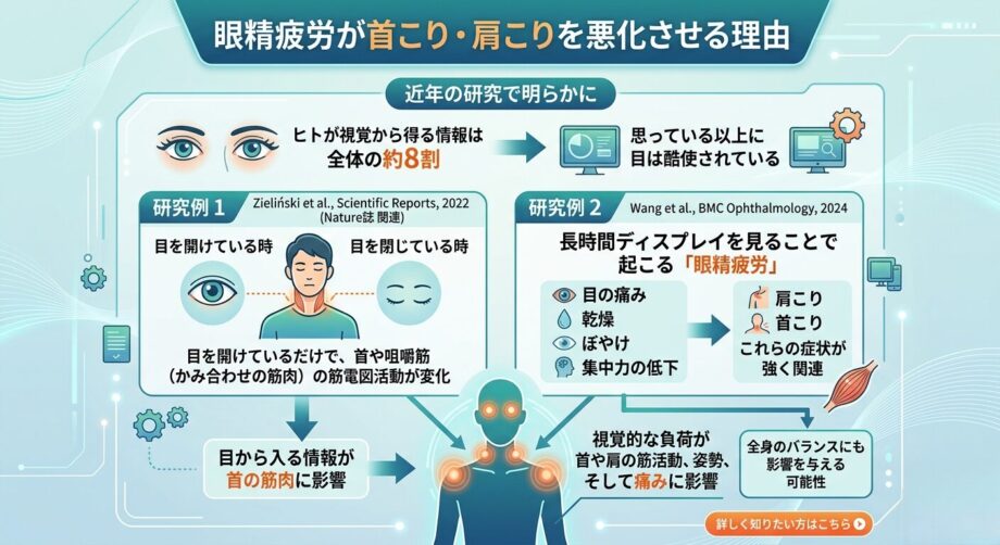 眼精疲労が首こり・肩こりを悪化させる理由をまとめたインフォグラフィック。