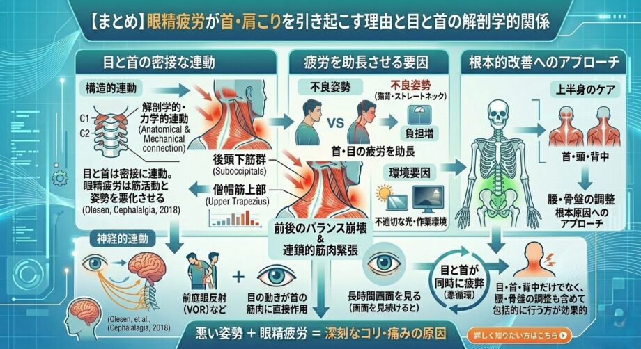 眼精疲労が首・肩こりを引き起こす理由とは？目と首の解剖学的な関係をまとめたインフォグラフィック。