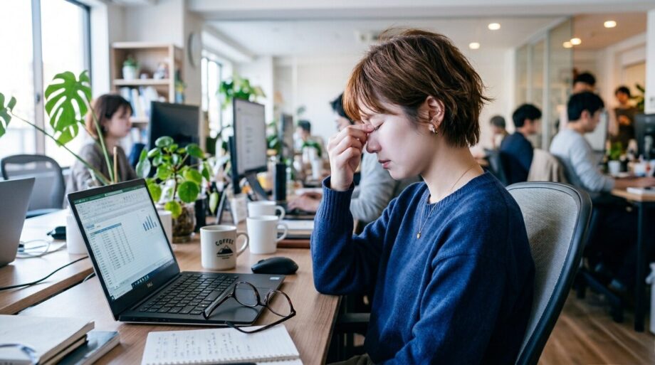 デスクワークで眼精疲労を感じる女性。首コリ。肩こり。