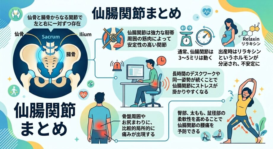 仙腸関節をまとめたインフォグラフィック。仙腸関節痛。腰痛。