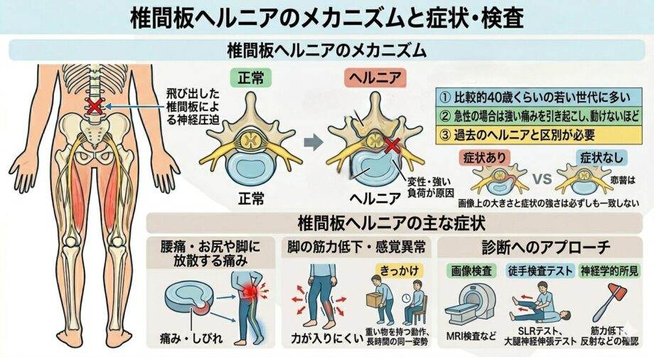 椎間板ヘルニアの説明。腰痛。筋力低下。