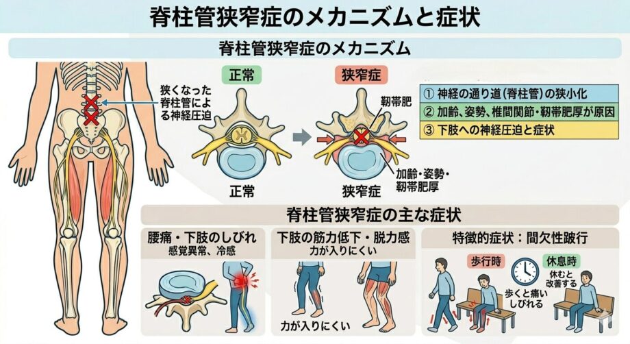 脊柱管狭窄症の説明。腰痛。足のしびれ。間欠性歩行。