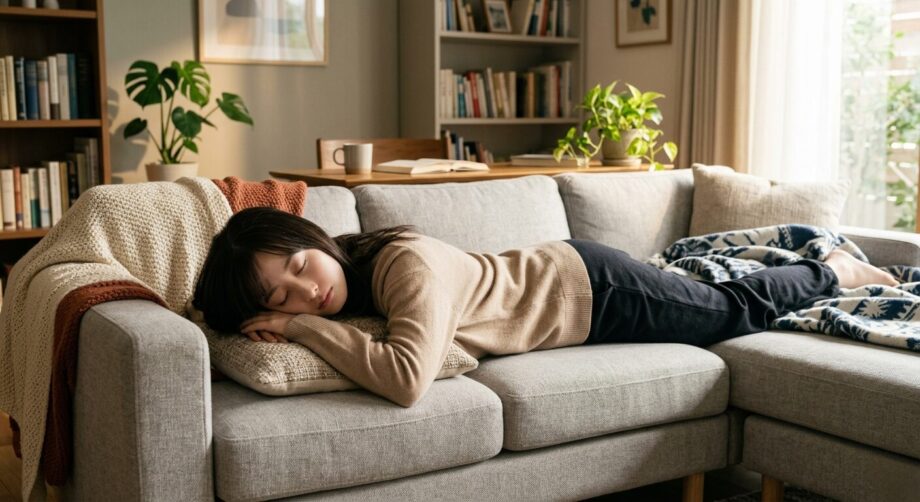 ソファでうつ伏せで寝ている女性。腰痛。