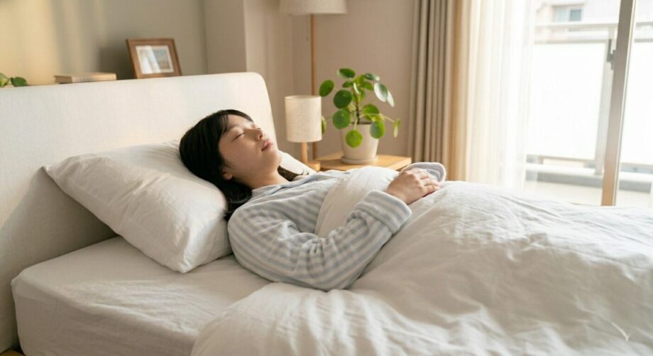 仰向けでベッドで寝ている女性。腰痛。