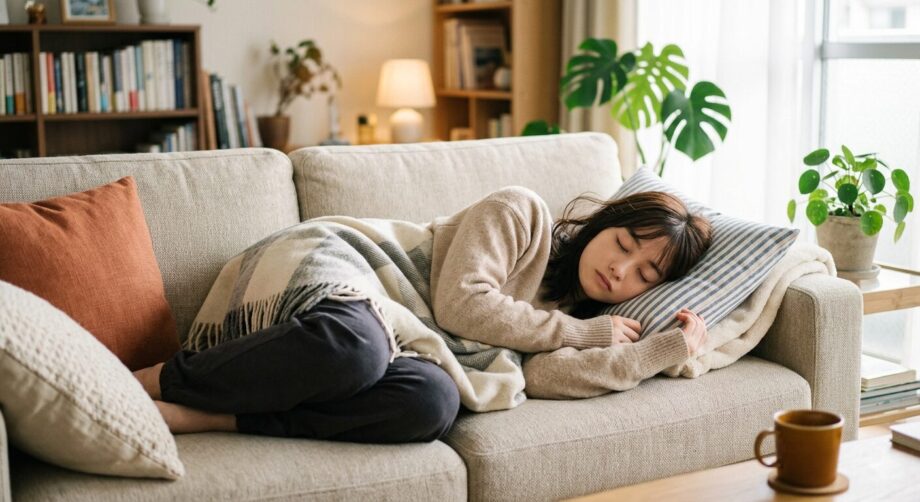 横向きで寝ている女性。腰痛。