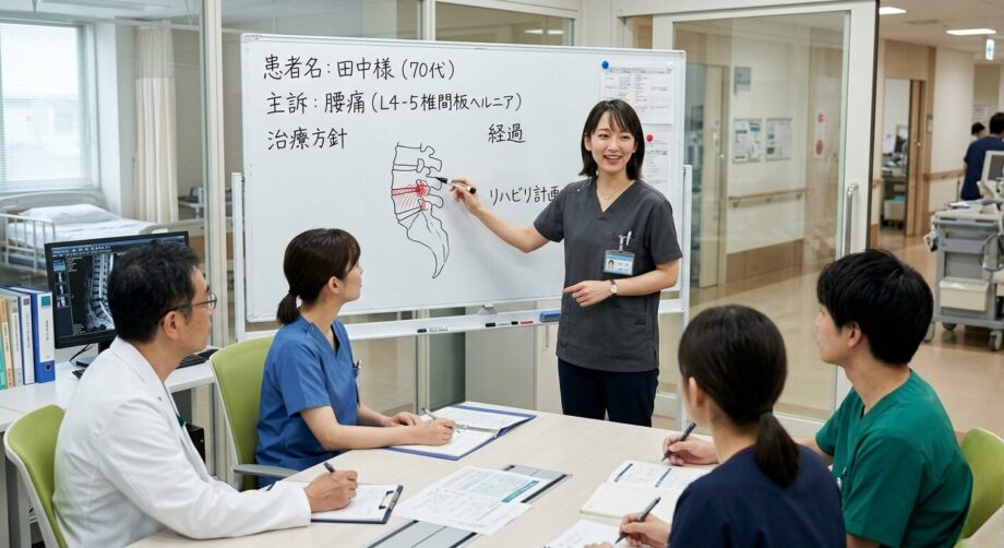 腰痛の方のカンファレンスの様子。腰痛。
