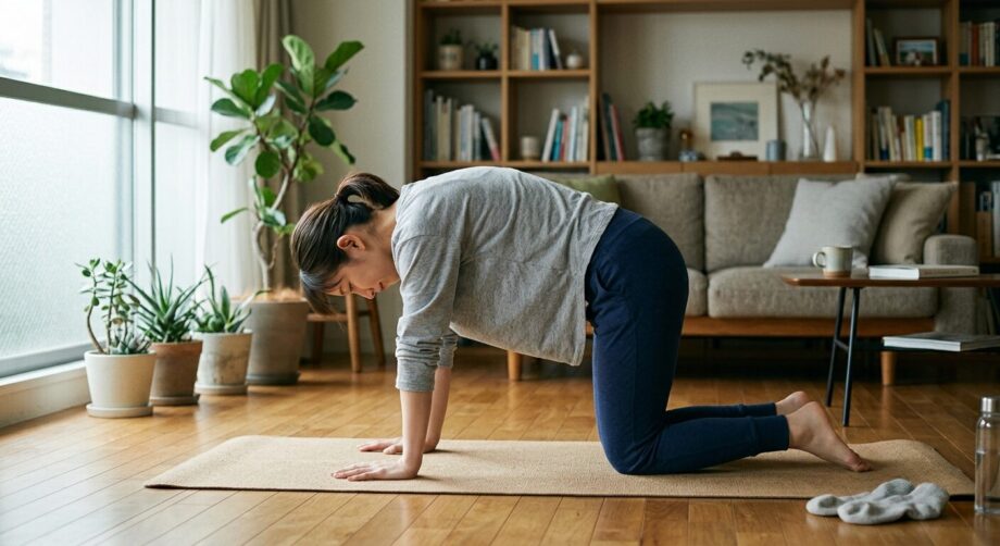 腰痛体操する女性。キャットアンドドッグ。ぎっくり腰。