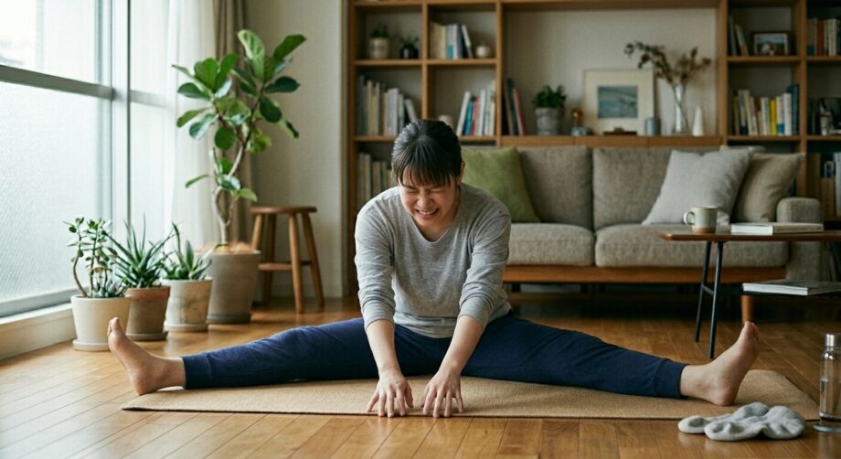 腰痛体操をする女性。ハムストリングのストレッチ。ぎっくり腰。