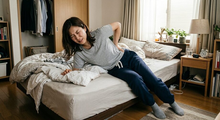 ぎっくり腰で起き上がりがツラそうな女性。腰痛。