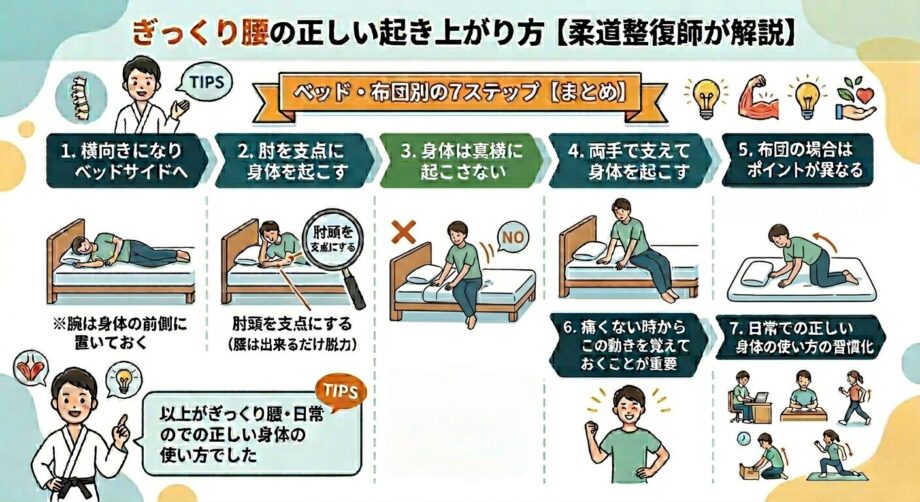 ぎっくり腰の時の起き上がり方まとめ画像。腰痛。