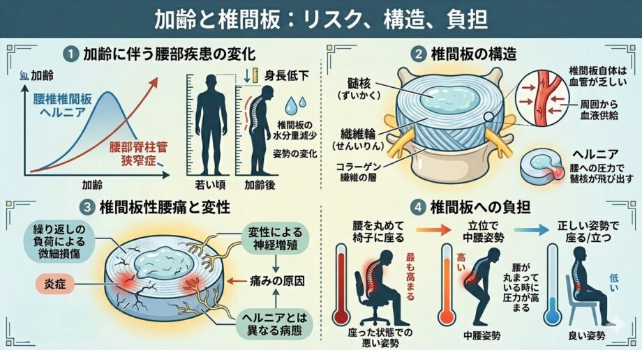 椎間板の構造・リスク・負担をまとめたインフォグラフィック。椎間板性腰痛。