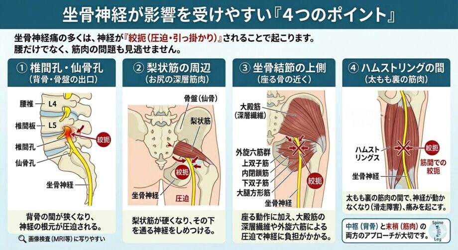 坐骨神経が圧迫を受けるポイントのイメージ画像。椎間孔。仙骨孔。梨状筋。坐骨結節の上部。ハムストリング。
