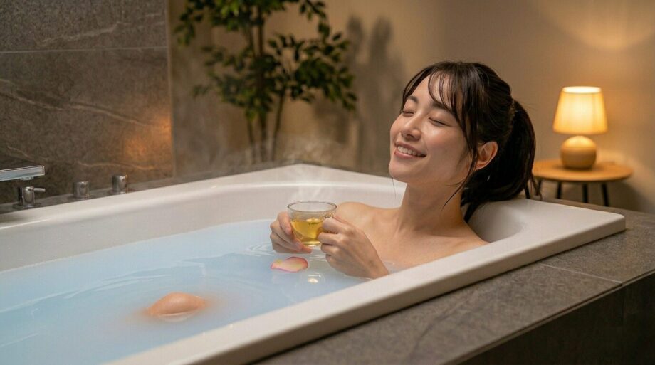 お風呂に浸かりカラダをほぐす女性の画像。