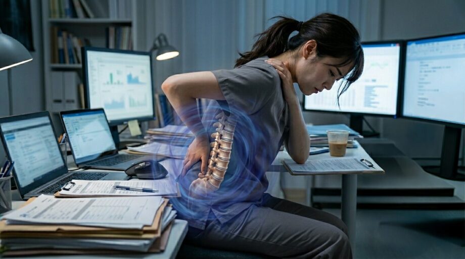 デスクワークで腰を痛める女性。腰痛。
