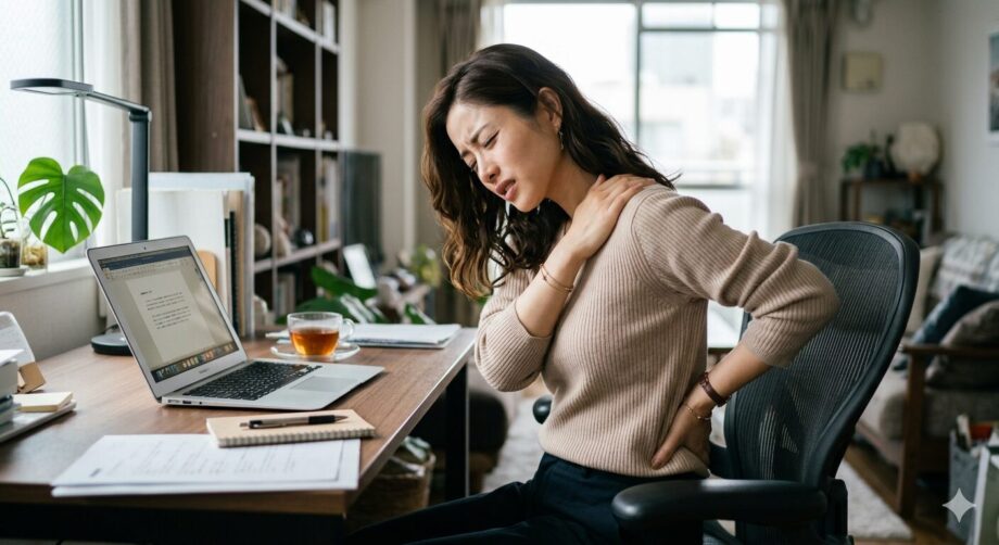 デスクワークが続き肩や背中がツラそうにしている女性のイメージ画像。