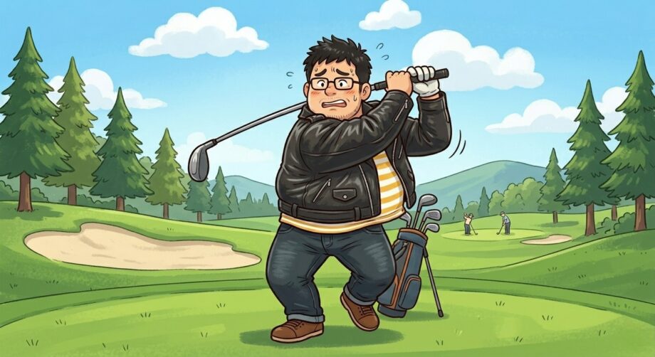 革製のジャケットを着てゴルフをする男性のイメージ画像。