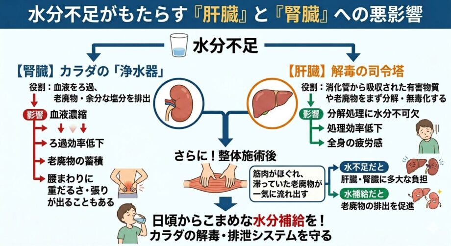 水分不足と腎臓・肝臓に与える影響をまとめたインフォグラフィック