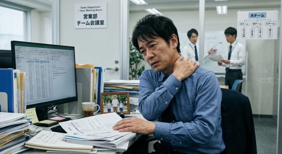 仕事と家庭に日々追われている男性のイメージ画像。