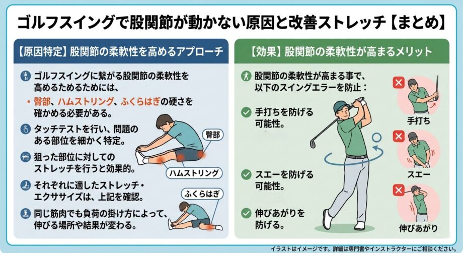 ゴルフスイングで股関節が動かない原因と改善ストレッチ【まとめ】をまとめた画像。