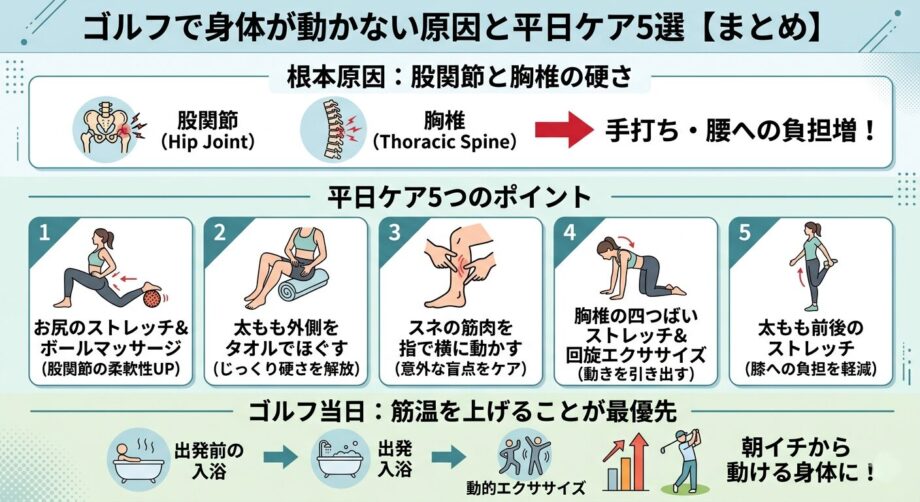 ゴルフで身体が動かない原因と平日ケア5選をまとめた画像