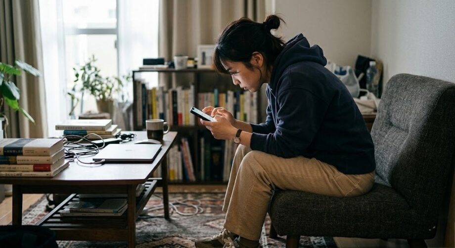 猫背の姿勢でイスに座りスマホを操作する女性のイメージ