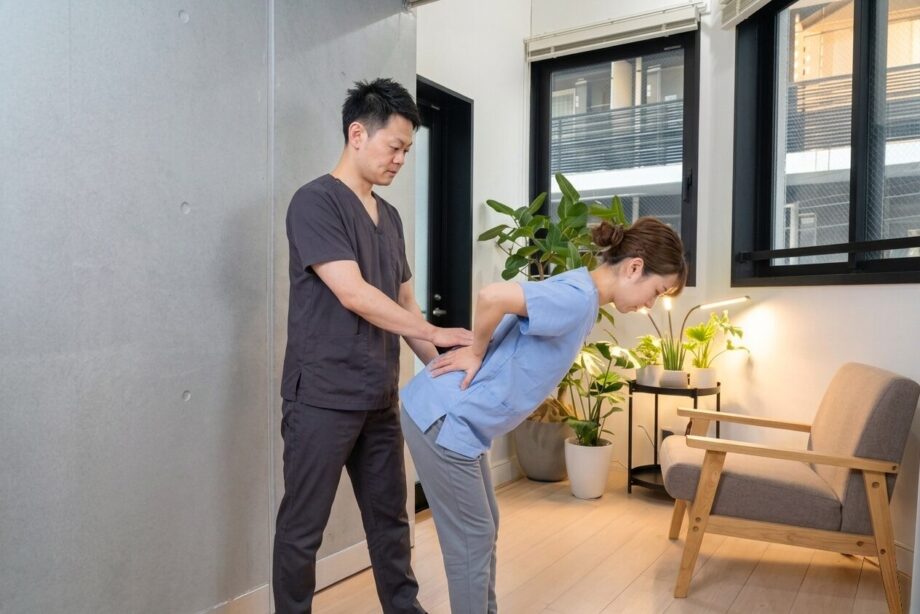 腰の動作を確認する男性。urokoBodyCareの魚住。