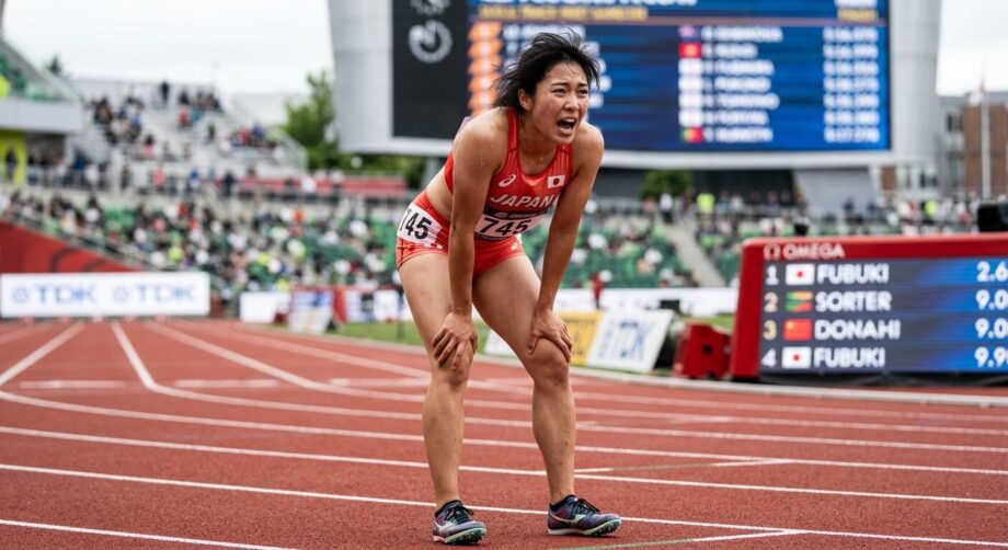 100メートルを走り切り呼吸が乱れる女性。