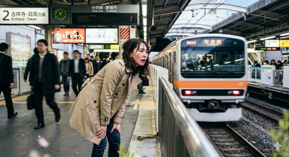 電車に乗ろうと走ったが間に合わず呼吸が乱れている女性。
