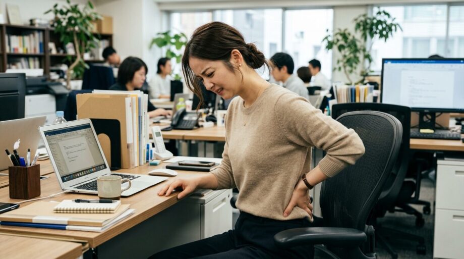 長時間のデスクワークで腰が痛む女性。