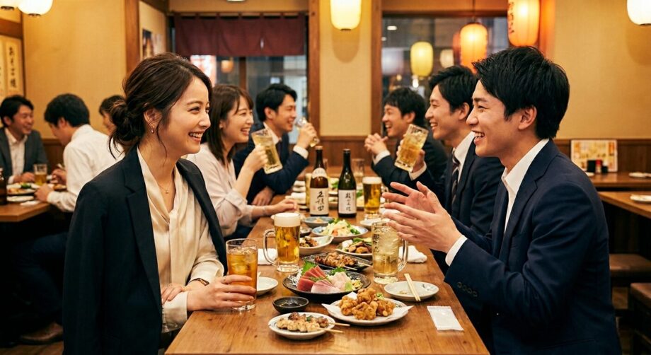 送別会でスタッフの話を聞く上司のイメージ画像。