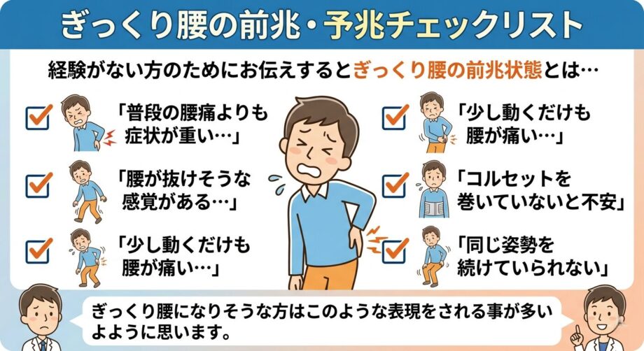ぎっくり腰の前兆・予兆チェックリストの画像。