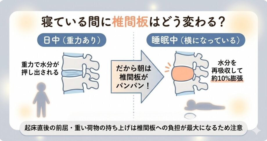 日中と睡眠中の椎間板の変化を表した画像
