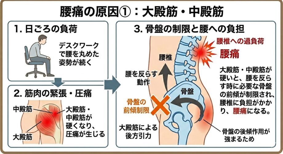 腰痛の原因①　大殿筋・中殿筋の作用のイメージ画像。