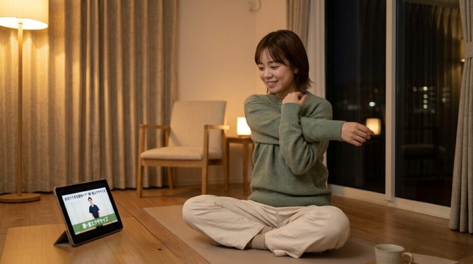教わったエクササイズを自宅で実践する女性の画像。