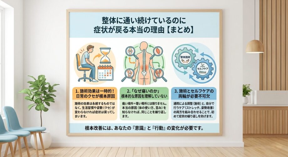 整体に通い続けているのに症状が戻る本当の理由【まとめ】インフォグラフィック。