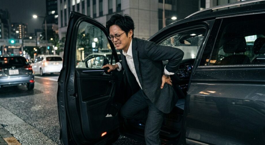 車の乗り降りで腰が痛む男性の画像。