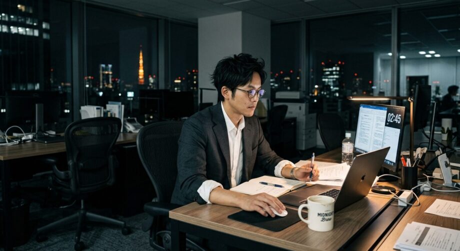 夜遅くまで仕事をする男性の画像。