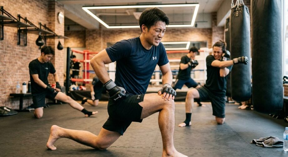キックボクシングジムで股関節のストレッチをする男性の画像。