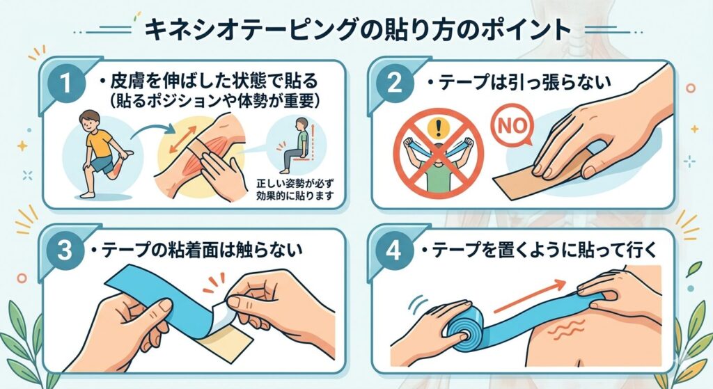 キネシオテープの貼り方をまとめた画像。