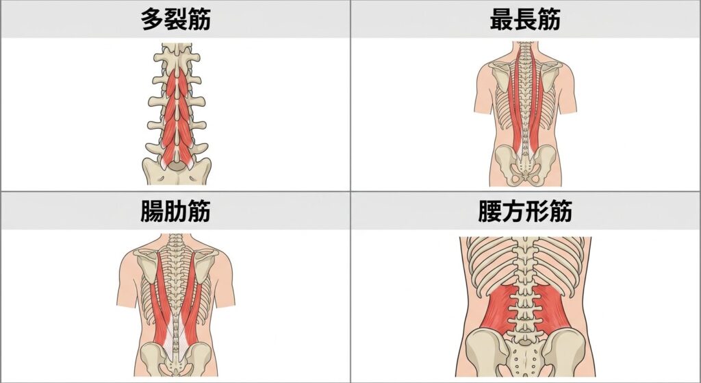 多裂筋、最長筋、腸肋筋、腰方形筋の走行をまとめた画像。