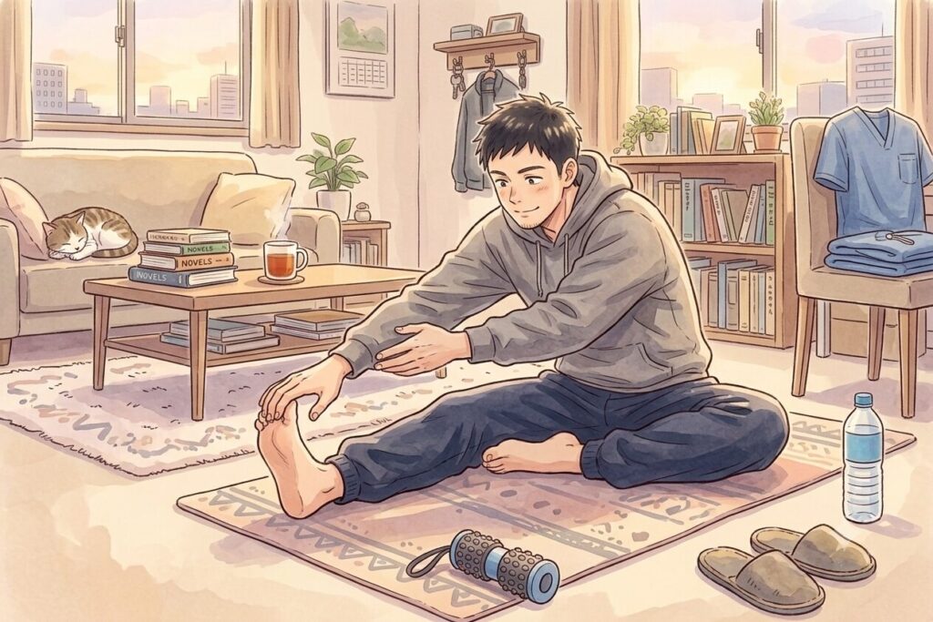 自宅でストレッチをする男性の画像。