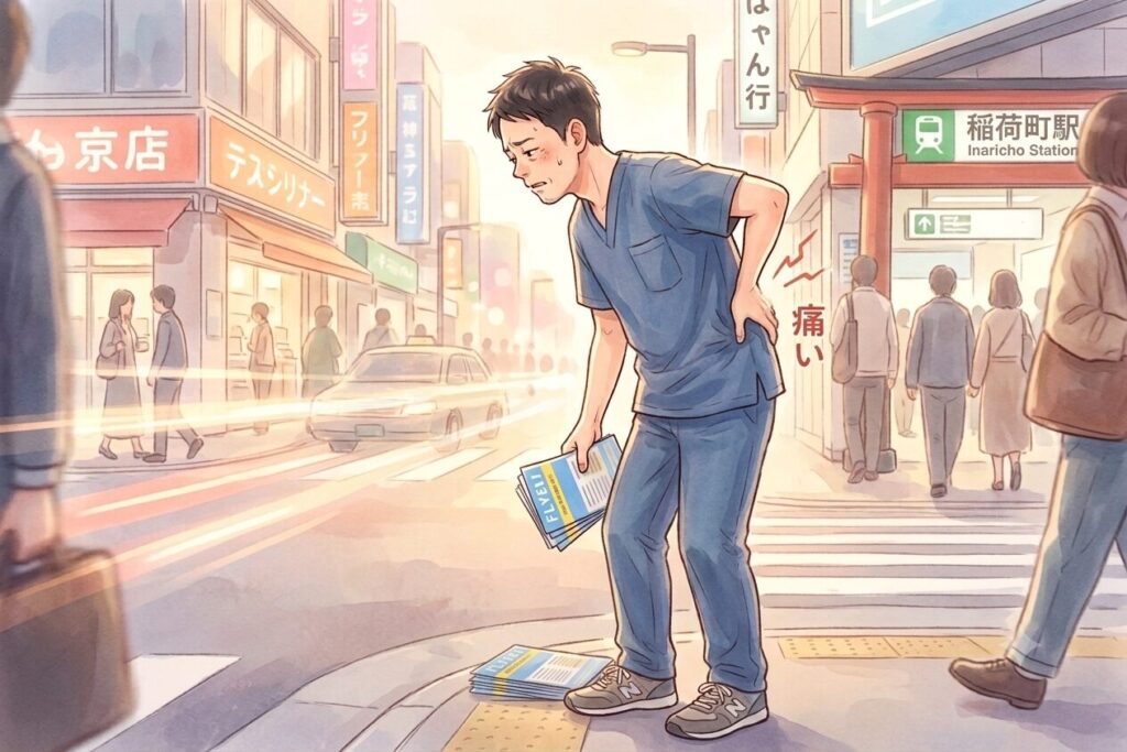 立ち続けて腰に痛みを感じる男性の画像。