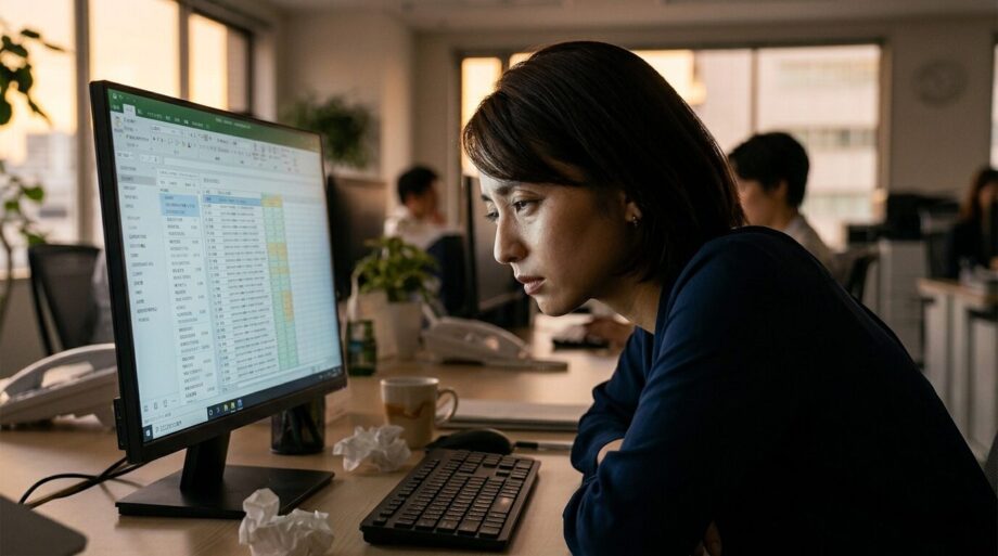 仕事に疲れてPCモニターに顔が近くなる女性
