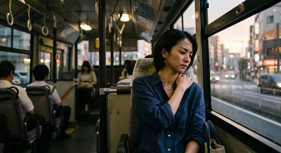 肩が痛く肩を触る女性の画像