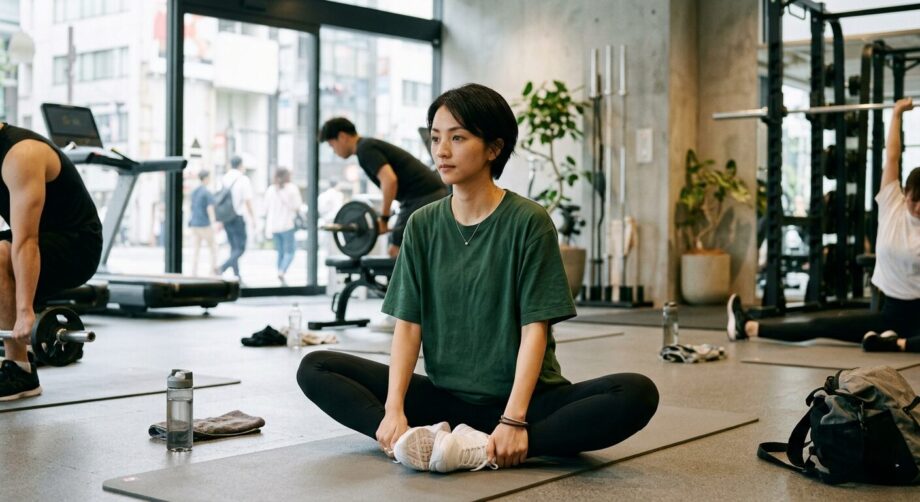 休日にジムで股関節のストレッチをする女性