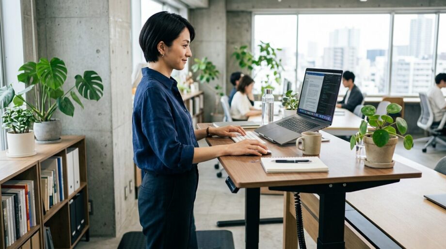 スタンディングデスクで仕事をする女性の画像。